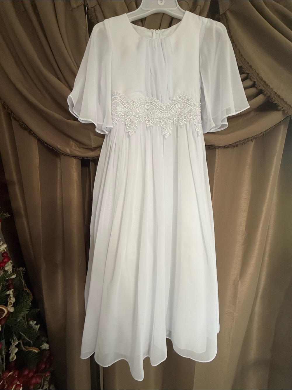 White Chiffon Dress with Beaded Waist